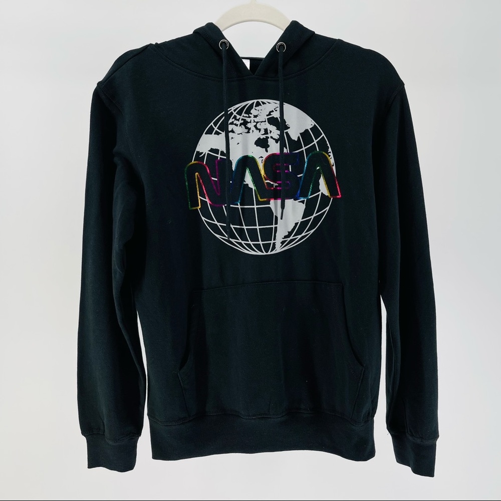 Black NASA Hoodie w/ Rainbow Logo, Planet Earth, Fleece-Lined
